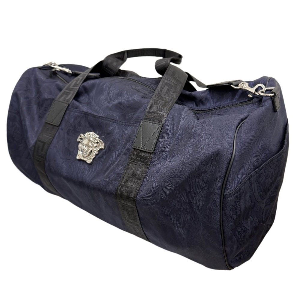 NEW $1955 Versace Midnight Blue floral Duffel Bag with Silver Accents